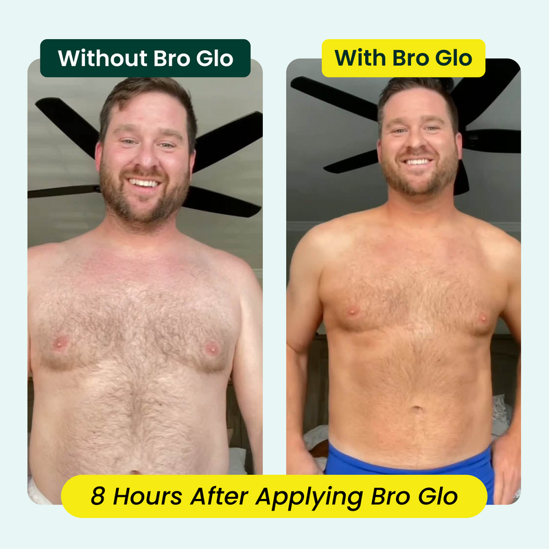 Shirtless man shown before and after body hair removal treatment, displaying significantly less chest and abdominal hair.