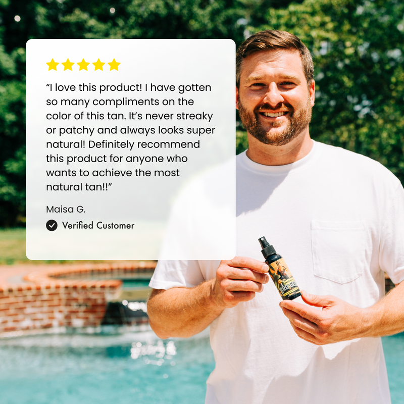 Man holding spray tan product by pool with five-star customer review quote displayed.
