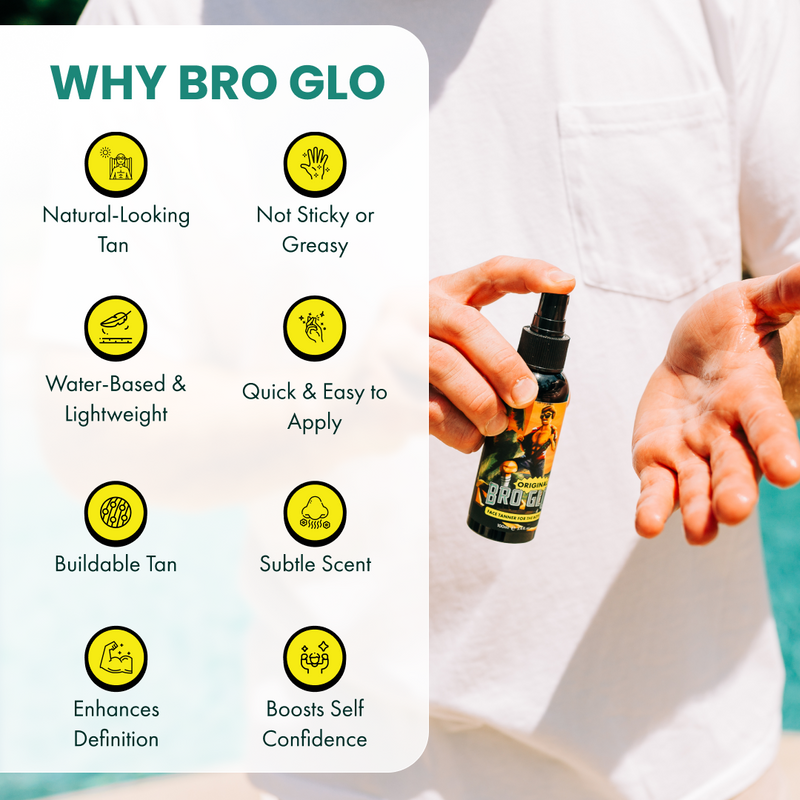 Person in white shirt spraying facial tanning product onto their hand from a black bottle.