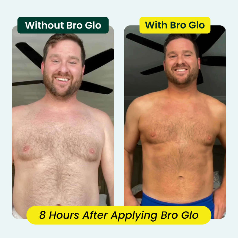 Shirtless man showing chest hair removal results in before and after comparison within eight hours.