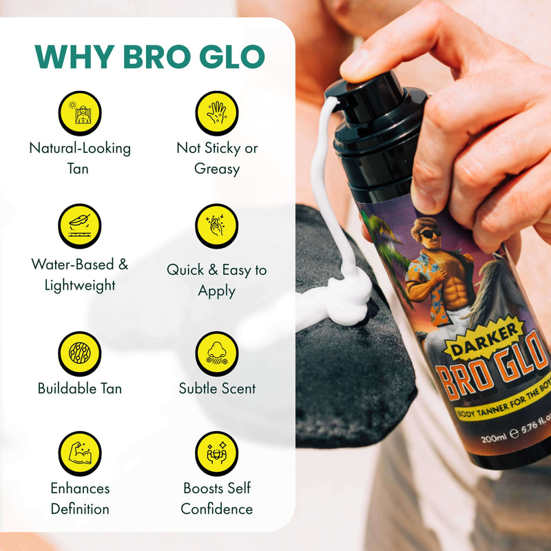 Hand holding spray bottle displaying eight yellow circular benefit icons including natural tan, water-based formula, and easy application.