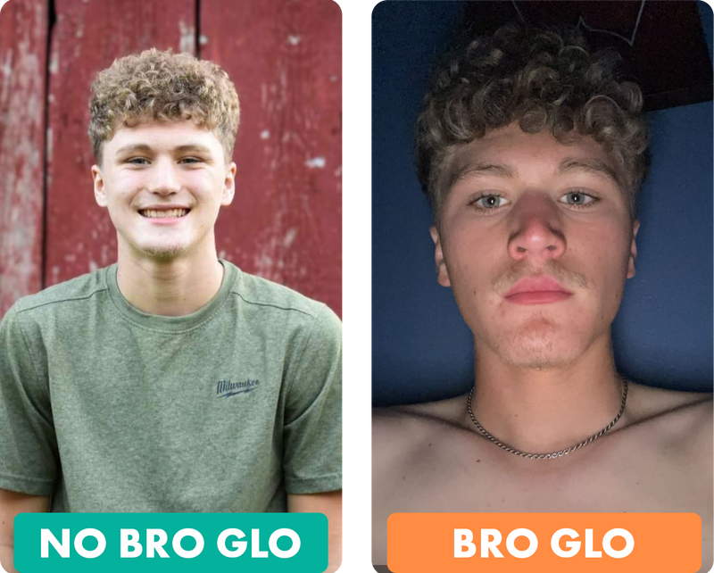 Two side-by-side selfies comparing fair complexion before tanning versus bronzed complexion after tanning application.