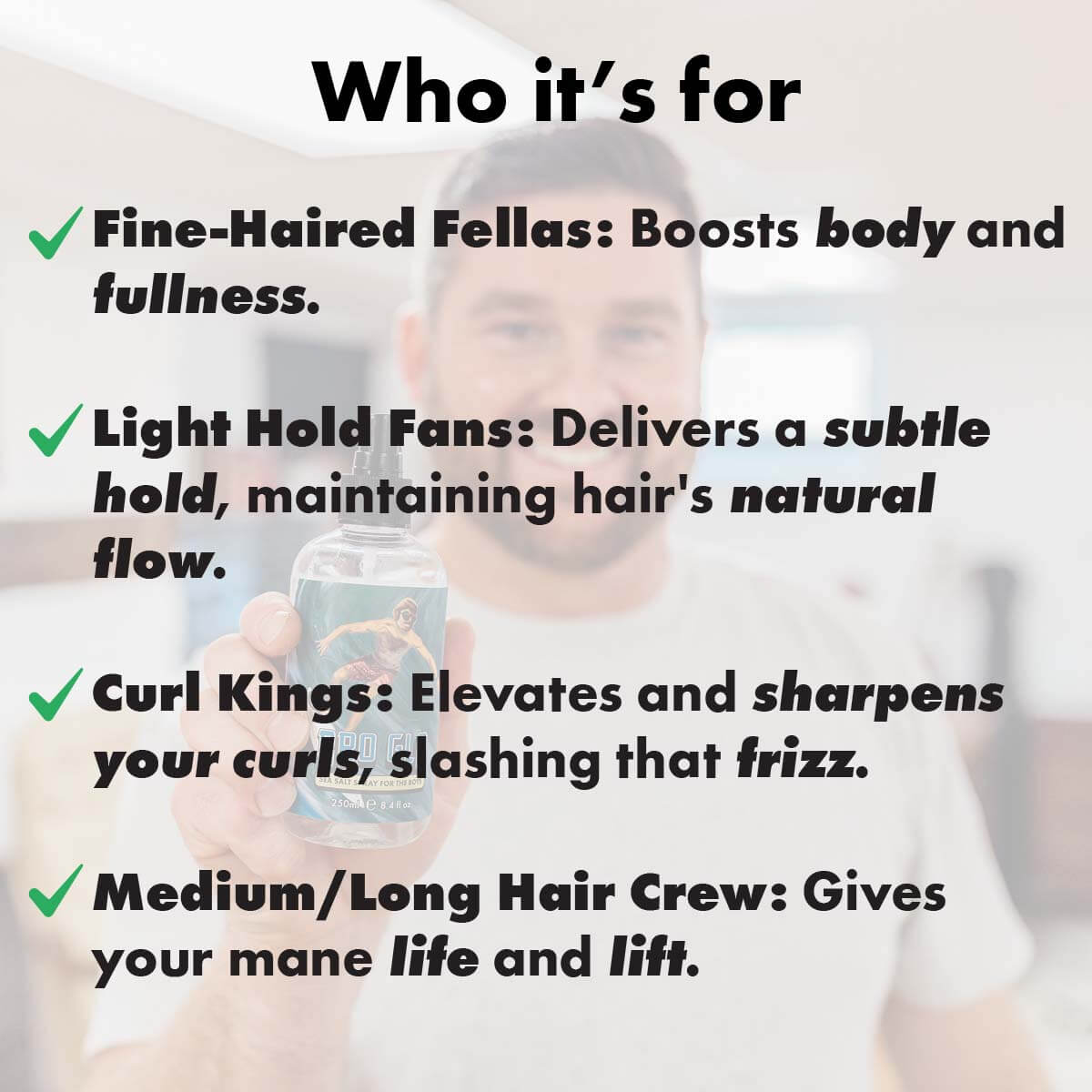 Man holding a spray bottle with text describing hair types and benefits of sea salt spray product.