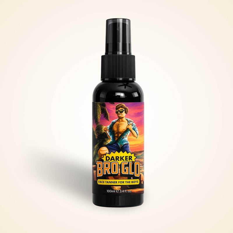 Black spray bottle with colorful tropical sunset label featuring a shirtless man with sunglasses.