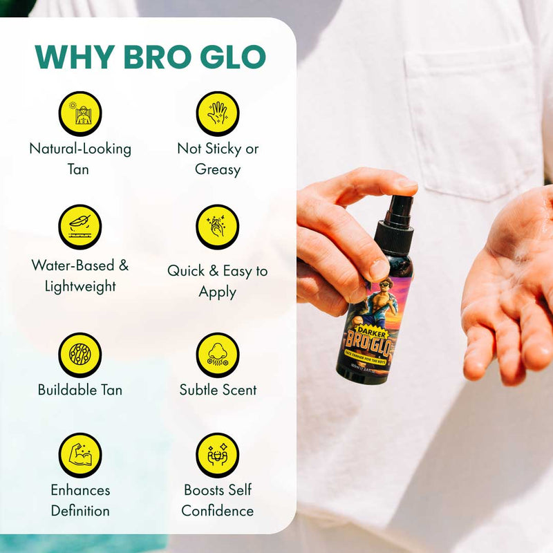 Person holding spray bottle with eight benefit icons listed: natural-looking tan, not sticky, water-based, quick application, buildable tan, subtle scent, enhances definition, boosts confidence.