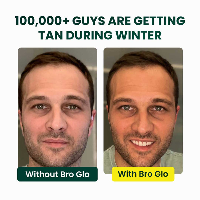 Before and after comparison showing a man's face without and with self-tanning product applied.