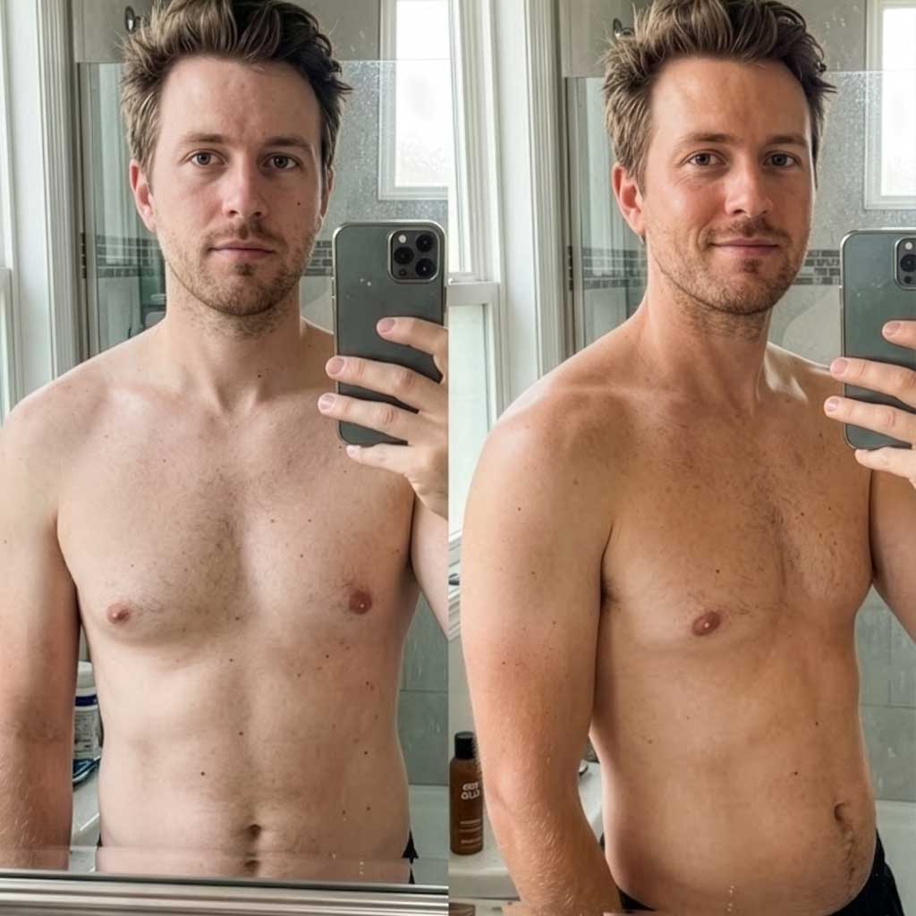 Man bathroom mirror selfie displaying his before and after. The before he is pale, the after he has a golden glow.
