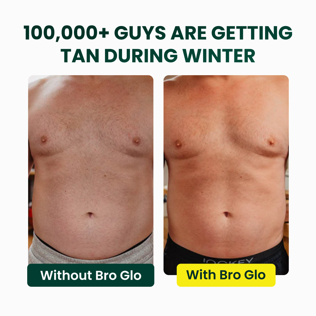 Two shirtless men's torsos showing skin tone difference, labeled as with and without tanning product.