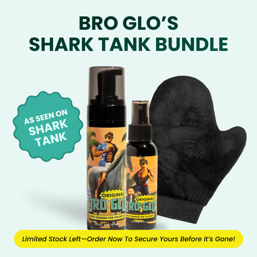 Bro Glo body tanner bundle with bottles and application mitt.