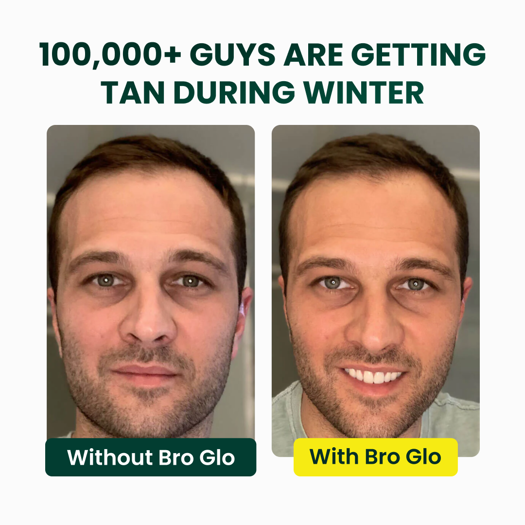 Before and after comparison showing a man's face without and with facial tanning product applied.