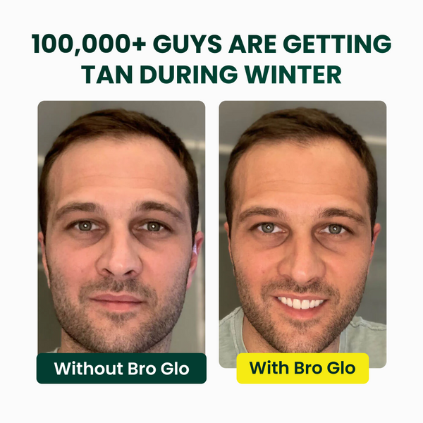 Before and after comparison showing a man's face without and with facial tanning product applied.
