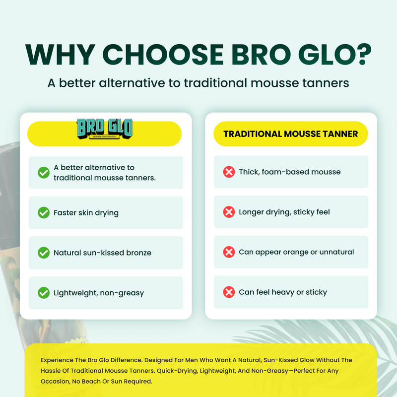 Comparison chart showing self-tanning product benefits versus traditional mousse tanner drawbacks.