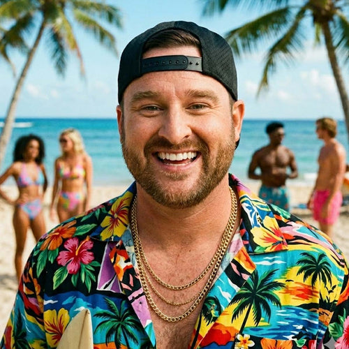 Smiling bearded man in colorful tropical shirt and black cap at beach with palm trees and ocean behind.