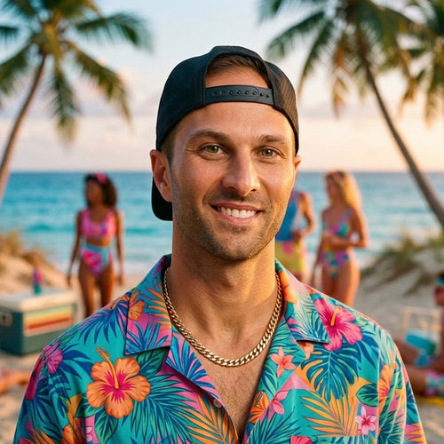 Smiling man in colorful tropical shirt and black cap at beach with palm trees and people in background.