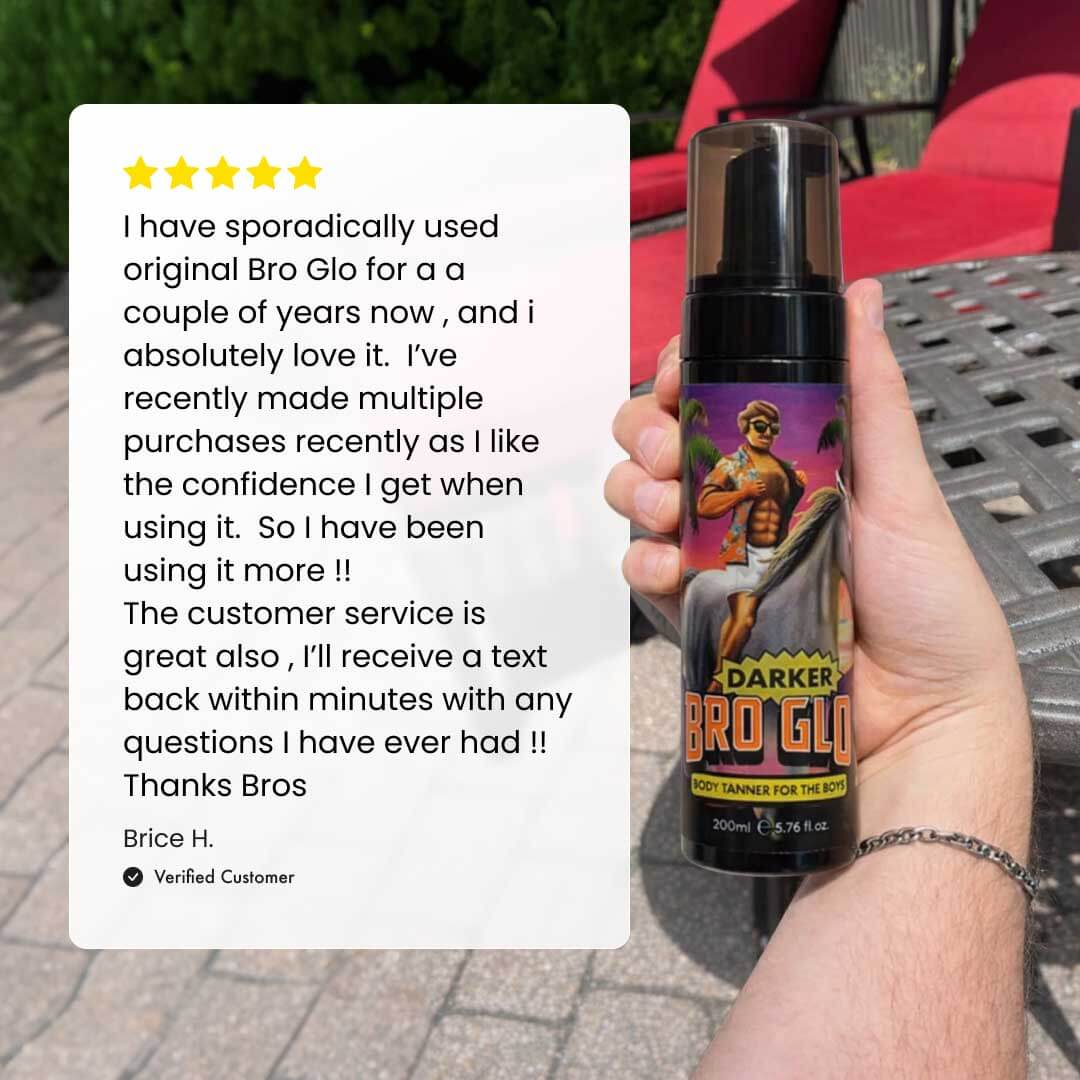 Man's hand holding a spray bottle of tanning product on a patio with a verified customer review displayed.