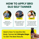 Three-step instructional guide showing men demonstrating self-tanner application process with product bottle.