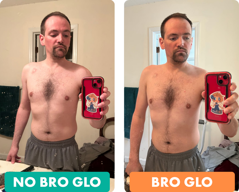 Shirtless man in two side-by-side mirror selfies showing tanning product results comparison.