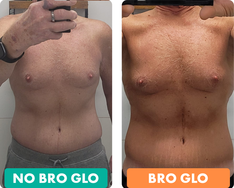 Shirtless man's torso comparison showing untanned pale skin on left versus bronzed tanned skin on right.
