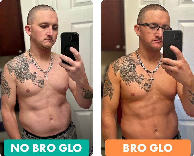 Shirtless man in mirror selfie comparison showing skin tone difference with and without self-tanning product applied.