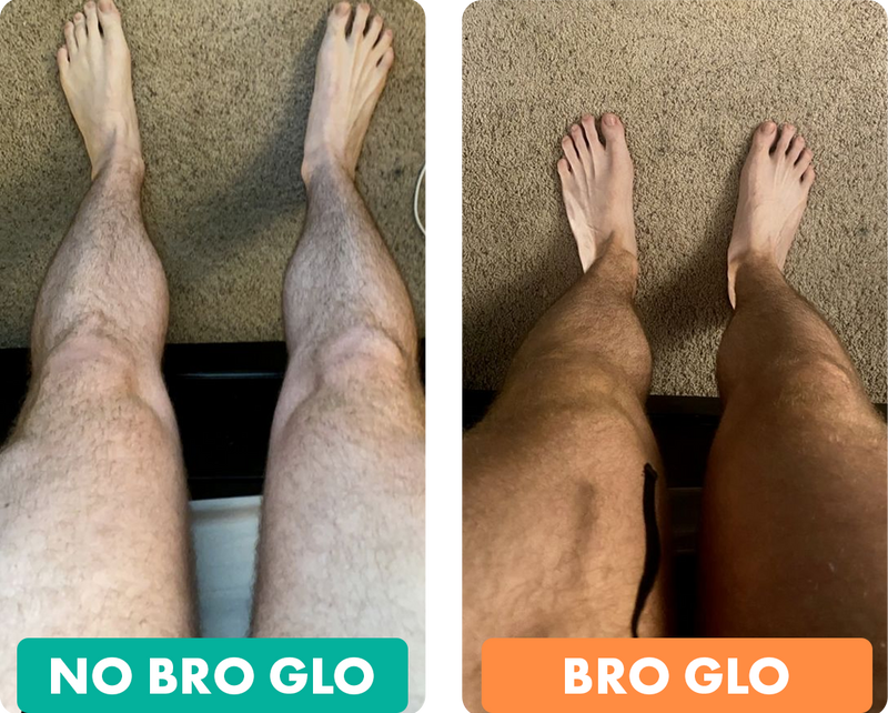 Before and after comparison of male legs showing tanning results, labeled "No Bro Glo" and "Bro Glo.