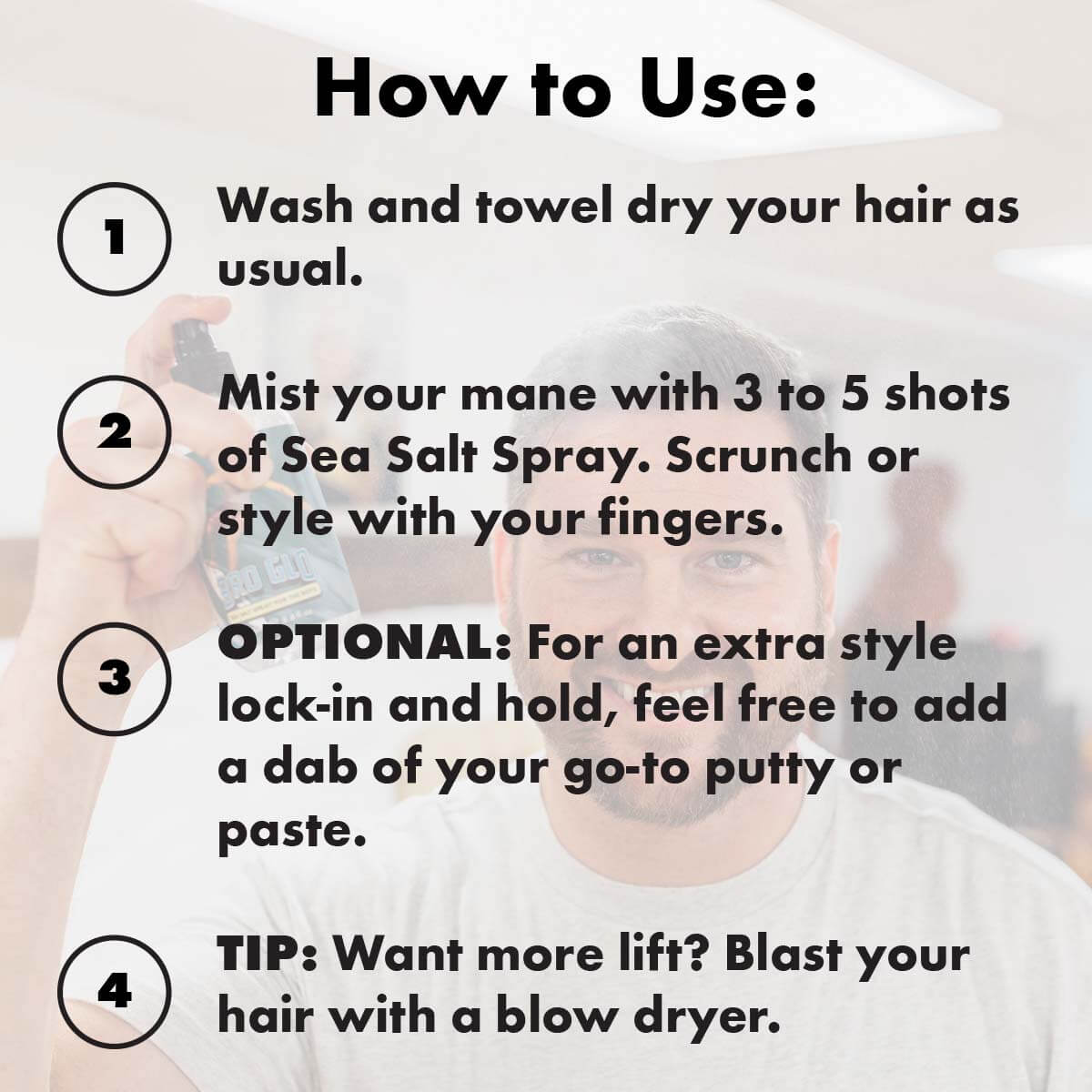 Step-by-step instructions for applying sea salt spray to damp hair, displayed as numbered circles with text.