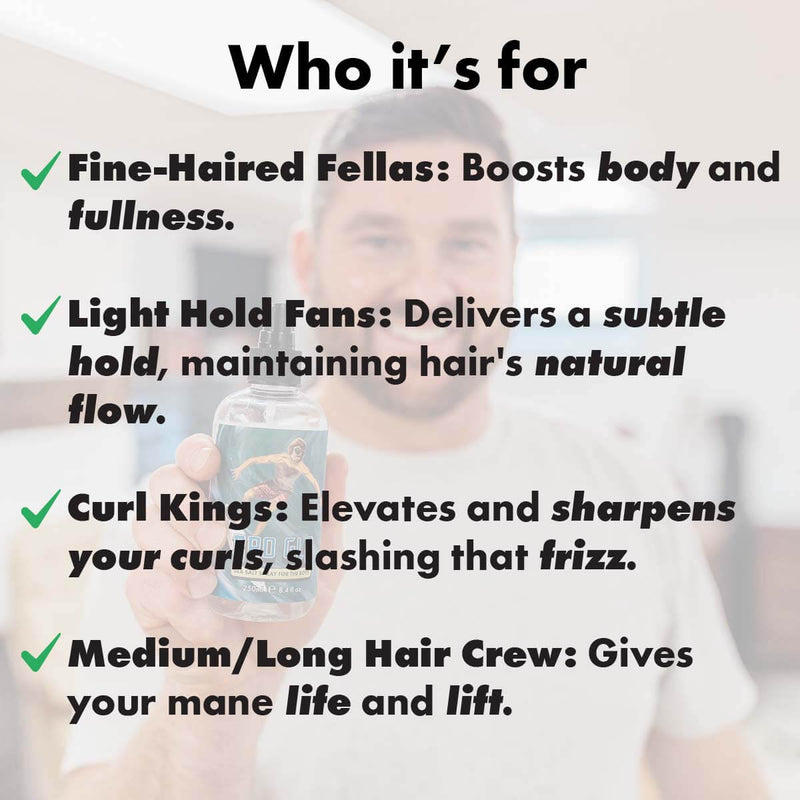 Man holding a spray bottle with text describing hair types and benefits of sea salt spray product.