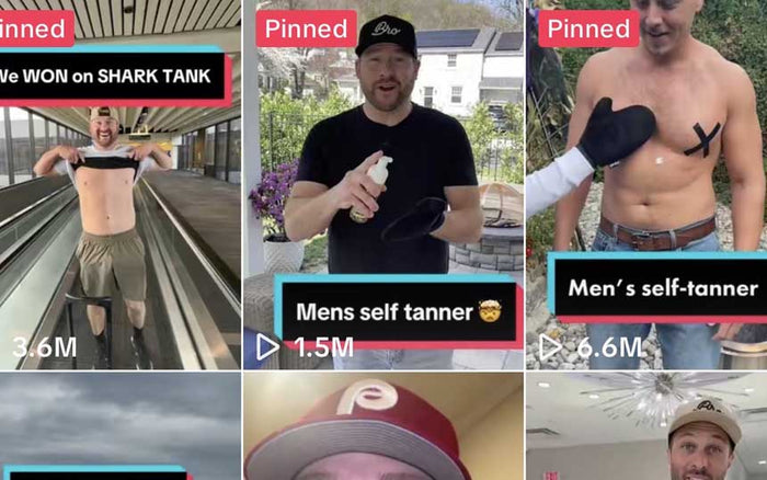 Six viral TikTok videos showing men's self-tanning product transformations and results with view counts.