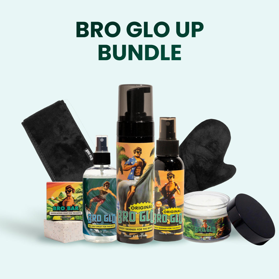 Bro Glo Up Bundle with tanning products, soap, spray, foam, mitt, and exfoliating bar.