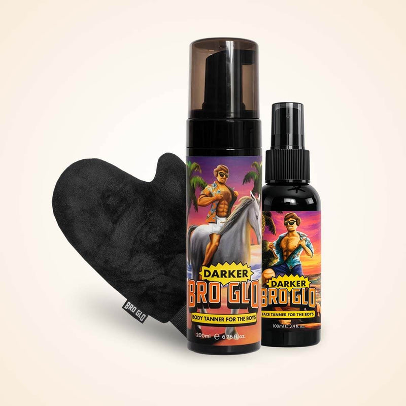 Black heart-shaped applicator with spray bottle and smaller spray bottle of bronzing tanner on cream background.