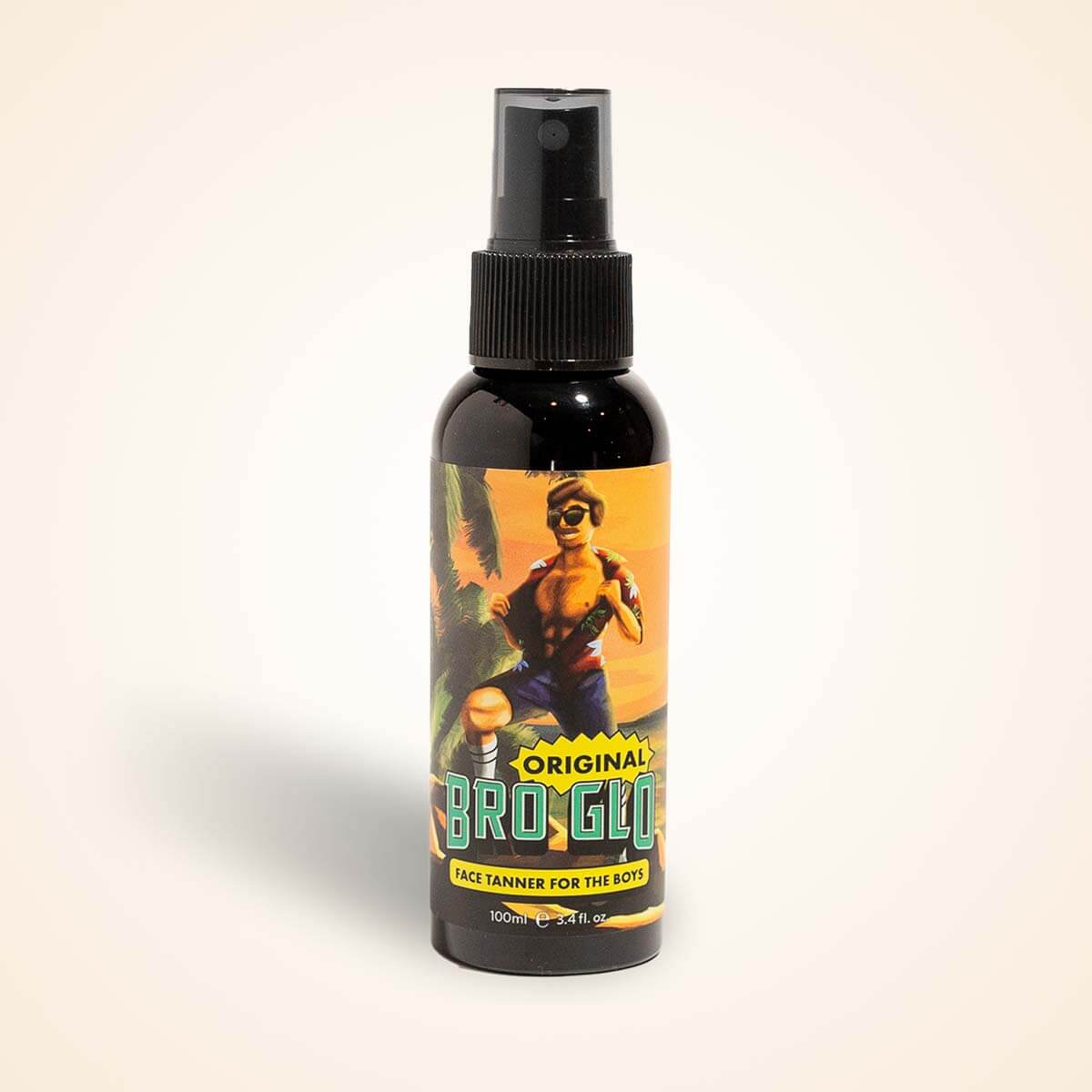 Black spray bottle with yellow and orange label featuring a figure in athletic pose against a tan background.