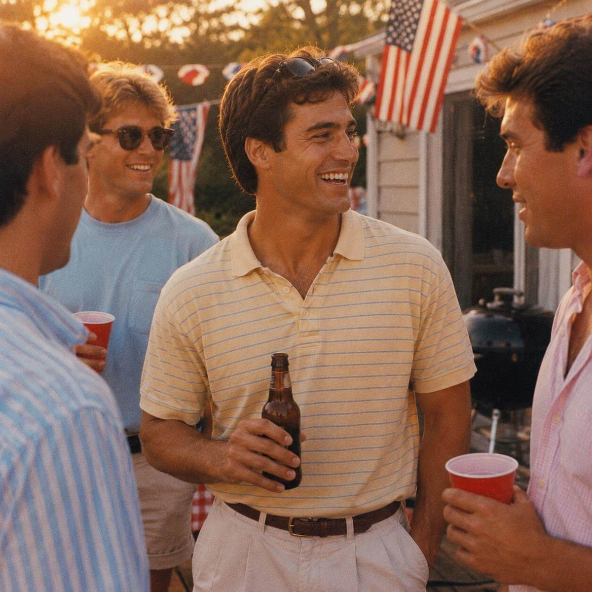 Group of young men at a Fourth of July backyard barbecue, golden hour light, American flags in background