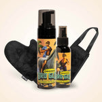 Two spray bottles with retro illustration labels beside a black heart-shaped applicator mitt.