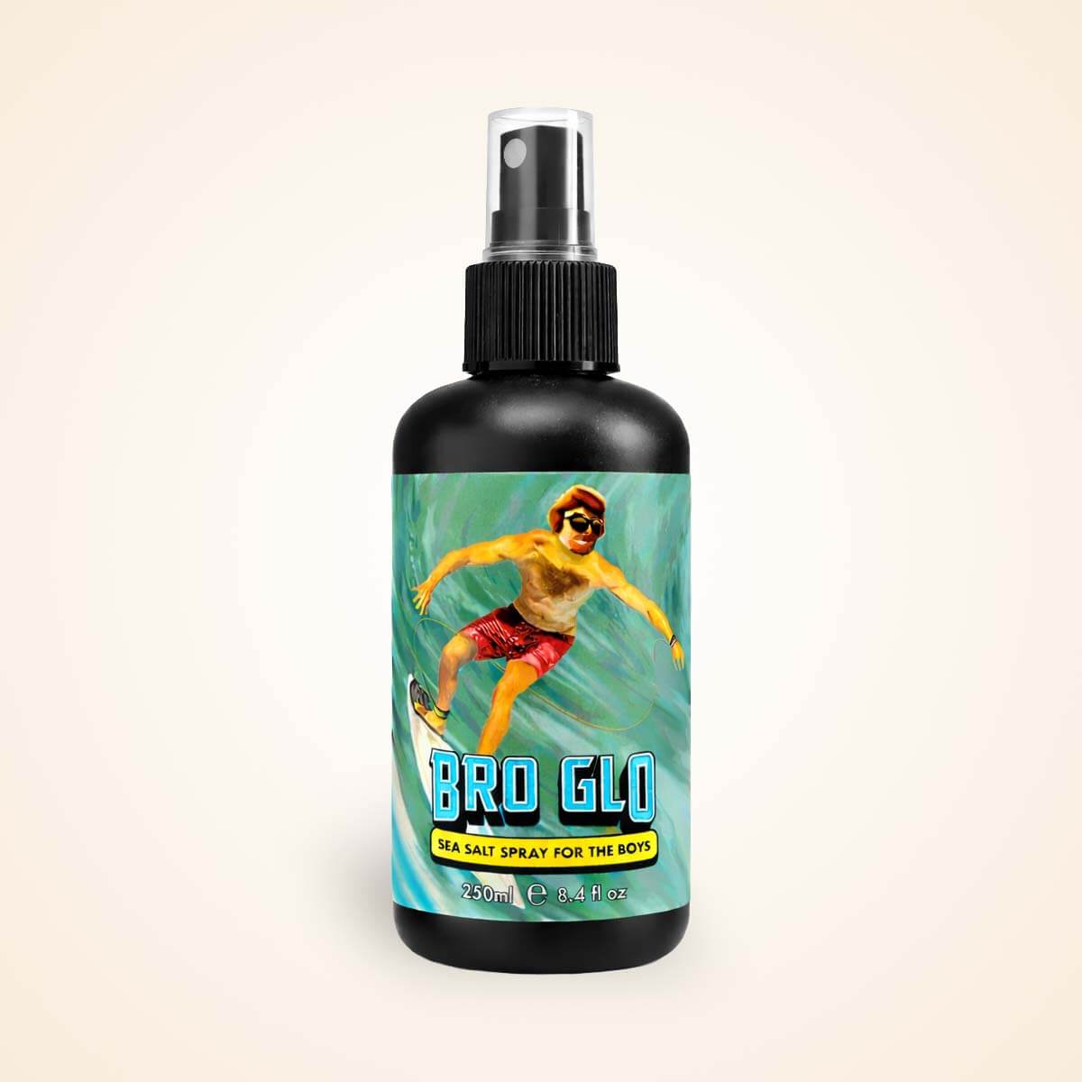 Black spray bottle with retro surfing illustration on teal label, 250ml size.