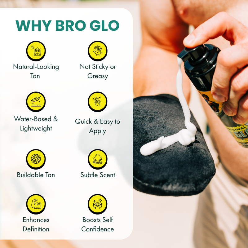 Person applying self-tanning product to arm with applicator mitt while holding spray bottle.