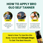 Three-step self-tanning guide showing men showering, applying product with mitt applicator, and displaying results after six to eight hours.