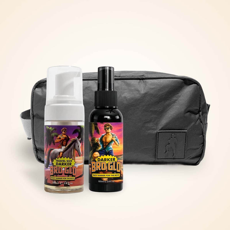Black toiletry bag with foam cleanser and spray bottle featuring colorful product labels.