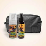 Black toiletry bag with two spray bottles and one foam bottle inside.